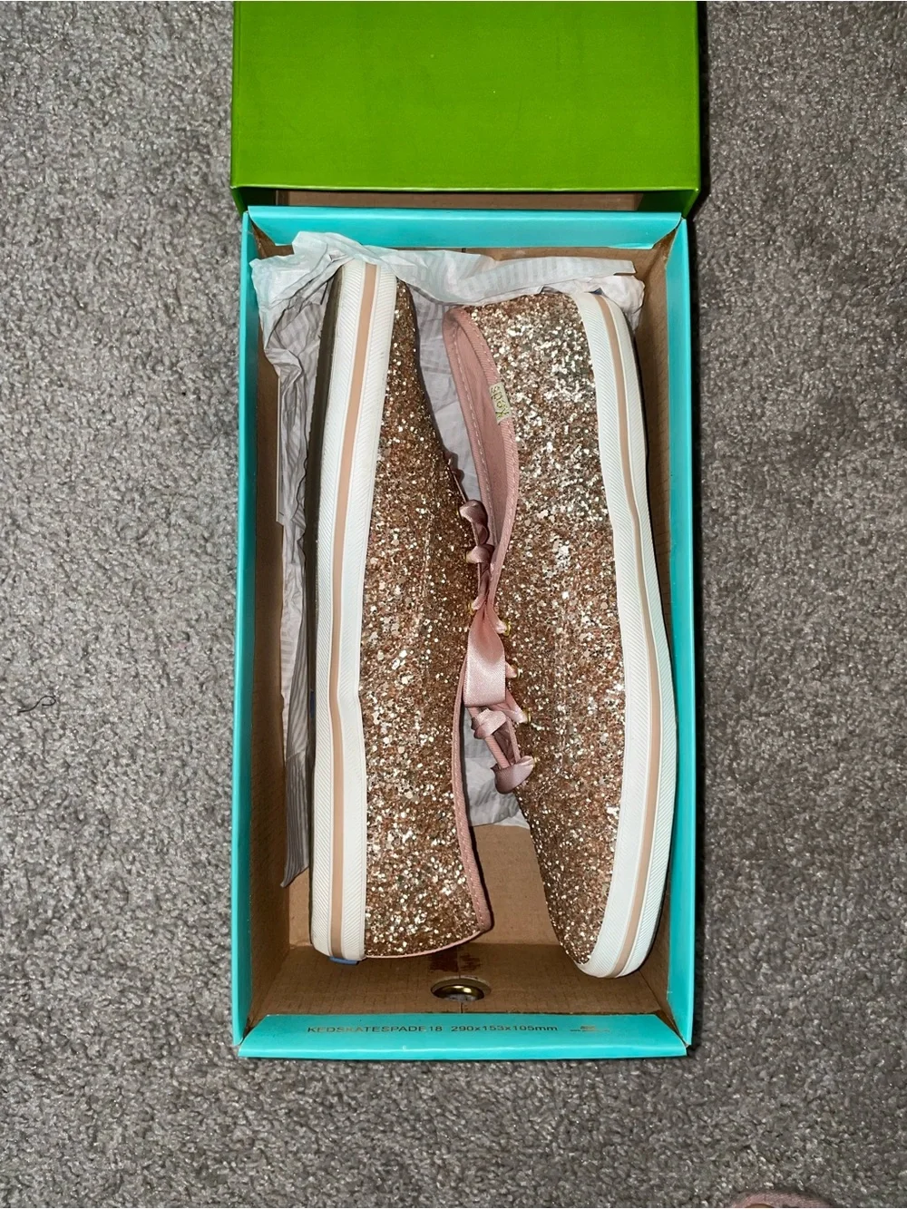 Kate Spade x Keds rose gold glitter sneakers with blush ribbon laces